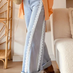 Beau Blue Lace-Trim Jeans - Casual Full-Length Regular Fit