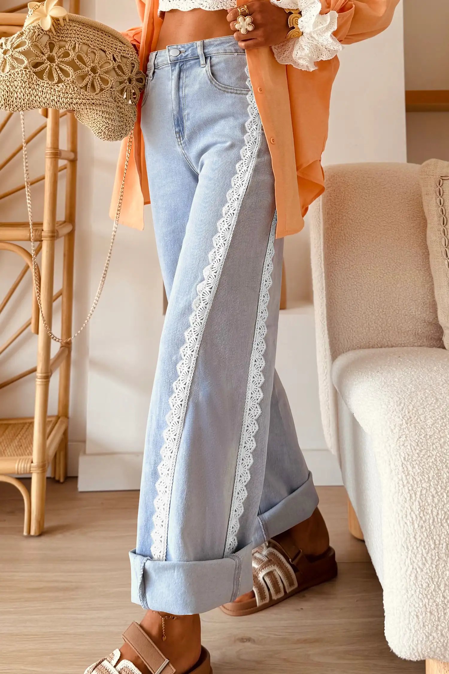 Beau Blue Lace-Trim Jeans - Casual Full-Length Regular Fit