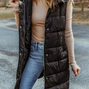 Chic Black Quilted Hooded Vest Coat
