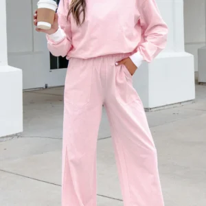Pink Stripe Color-Block Trim Mock-Neck Pullover & Drawstring Pants Set