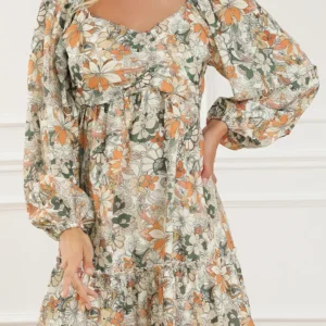 Floral Print Smocked Back Puff Sleeve Mini Dress in Green