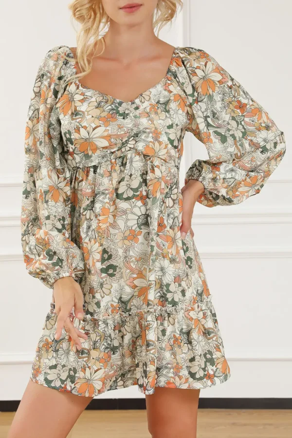 Floral Print Smocked Back Puff Sleeve Mini Dress in Green