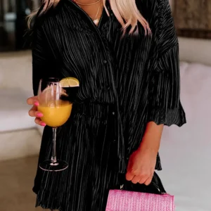 Pleated Black 3/4 Sleeves Shirt & High Waist Shorts Set