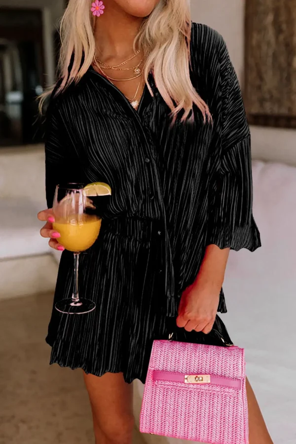 Pleated Black 3/4 Sleeves Shirt & High Waist Shorts Set