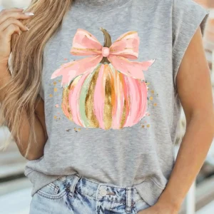 Light Grey Pumpkin Bow Graphic High-Neck Cap Sleeve Top