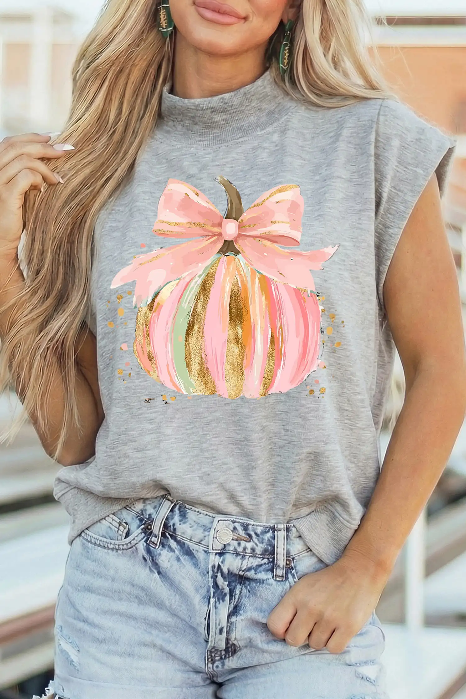 Light Grey Pumpkin Bow Graphic High-Neck Cap Sleeve Top