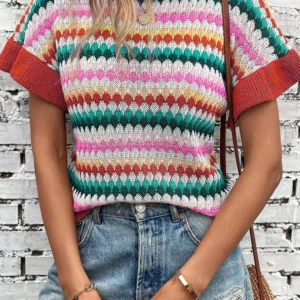 Vibrant Short Sleeve Colorful Ruffle Sleeve Sweater for Casual Summer Outings