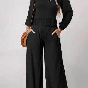Elegant Black Square Neck Smocked Peplum Top and Pants Set