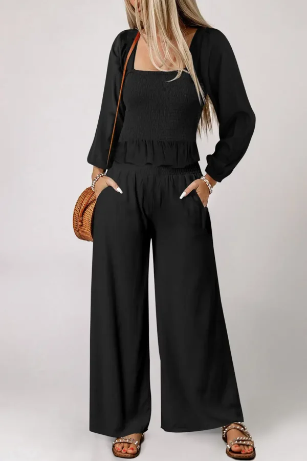 Elegant Black Square Neck Smocked Peplum Top and Pants Set