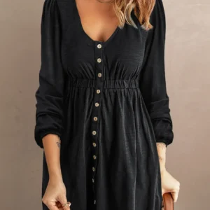 Chic Black Button Up High Waist Dress