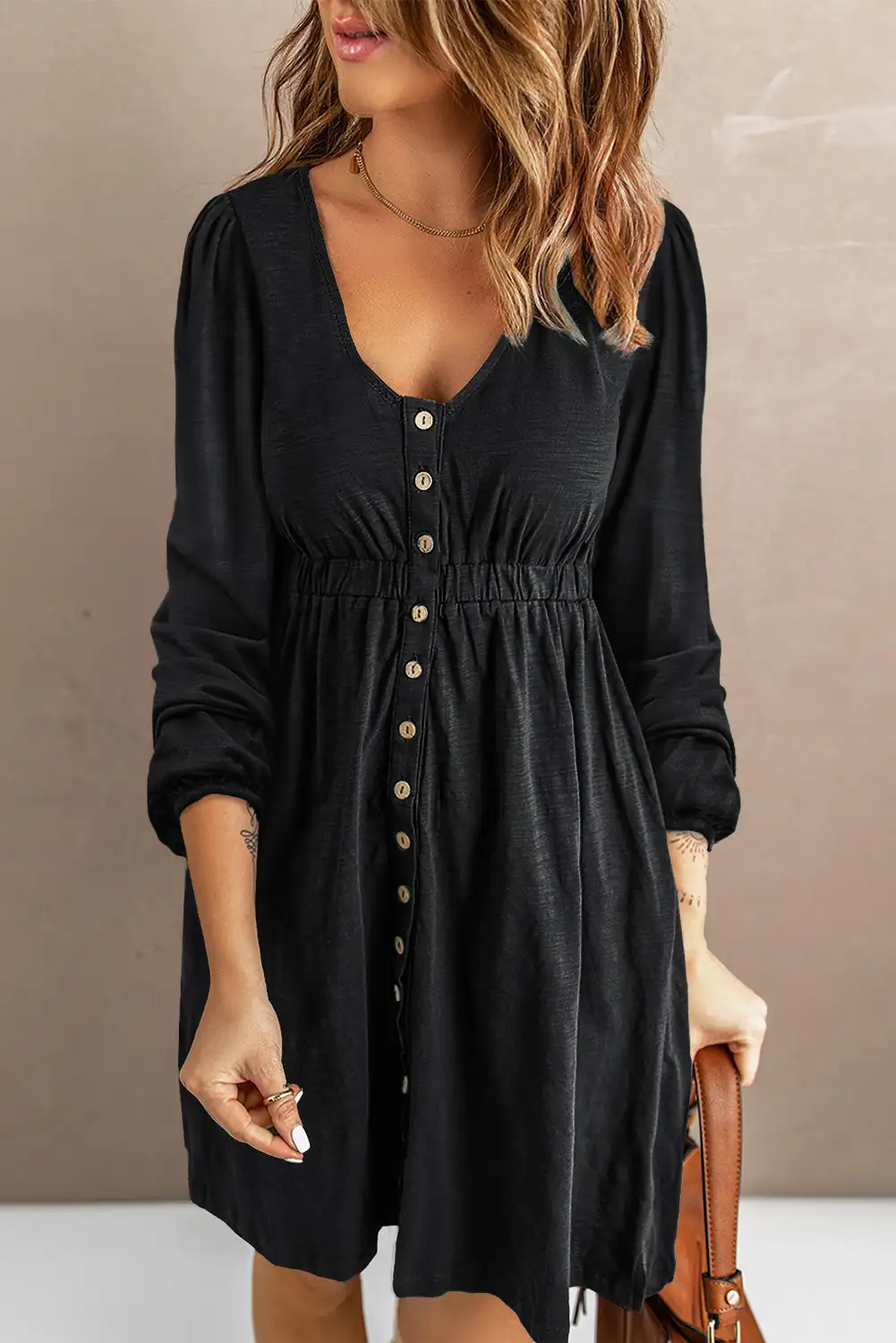 Chic Black Button Up High Waist Dress