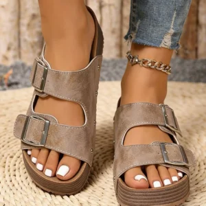 Medium Grey Retro Double Buckle Platform Slippers - PU Leather + Faux Suede