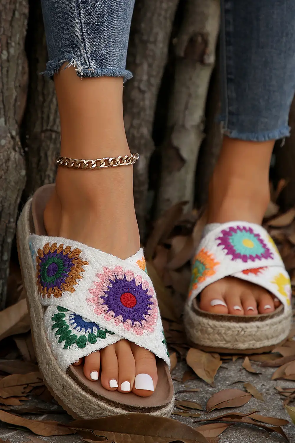 Boho White Crochet Crossover Slippers
