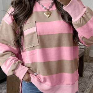 Pink Stripe Colorblock Oversized Sweatshirt with Patch Pocket & Split Hem