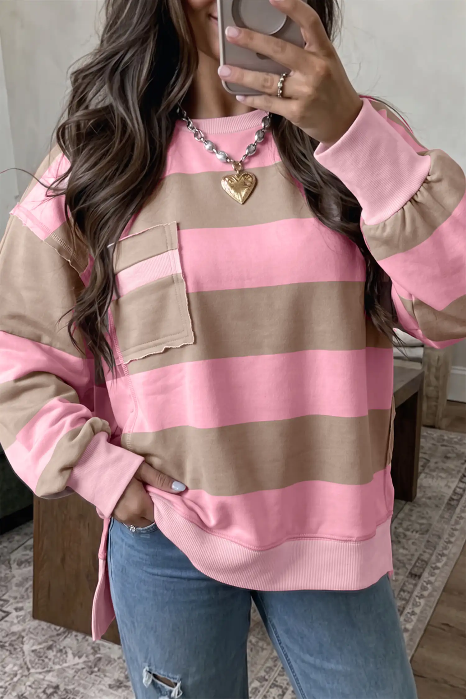 Pink Stripe Colorblock Oversized Sweatshirt with Patch Pocket & Split Hem