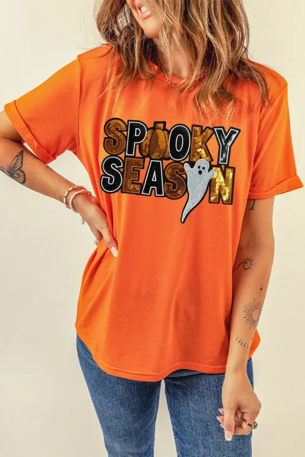 Orange Sequin Ghost Pattern Halloween T-Shirt