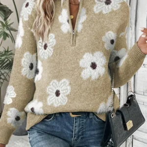 Khaki Floral Half Zip Sweater