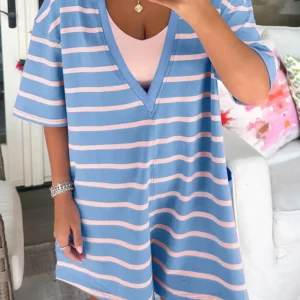 Sky Blue Stripe Reversible V-Neck Romper