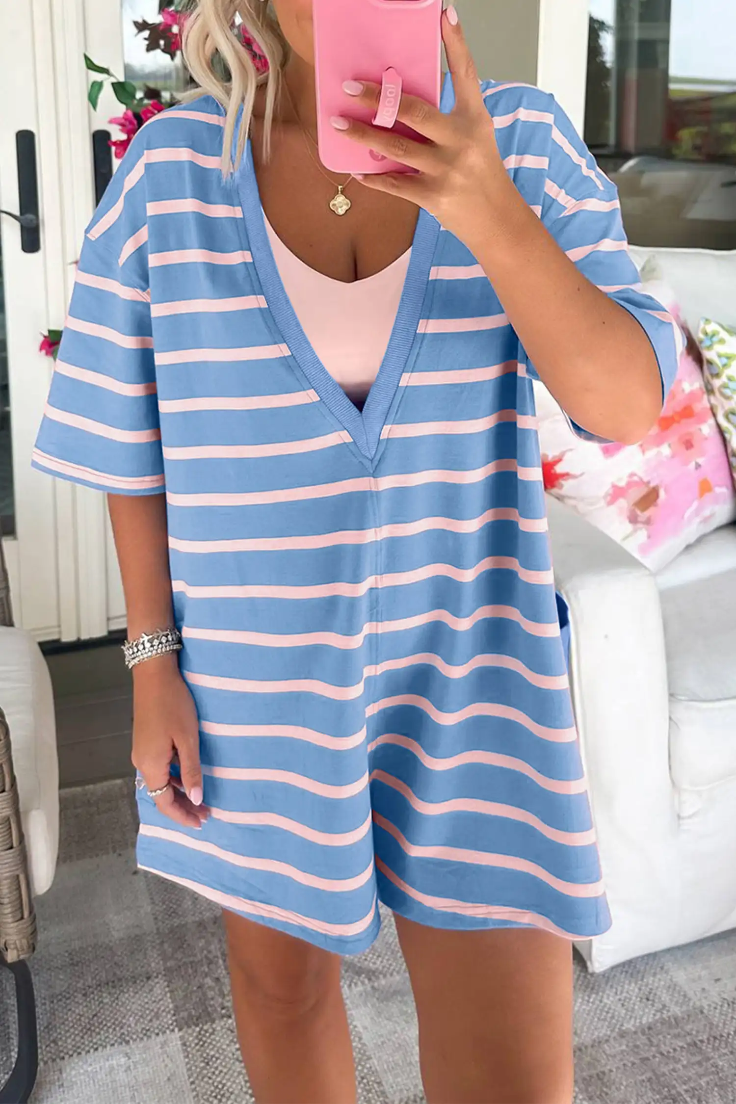 Sky Blue Stripe Reversible V-Neck Romper