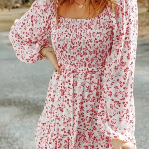 Mineral Red Boho Floral Smocked Puff Sleeve Mini Dress