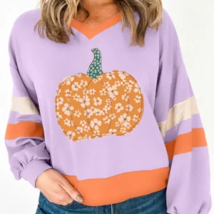 Halloween Floral Pumpkin Color Block V Neck Sweatshirt for Cozy Fall Days and Trendy Autumn Outfits