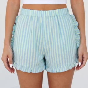 Sky Blue Stripe Elastic-Waist Shorts with Ruffle Trim