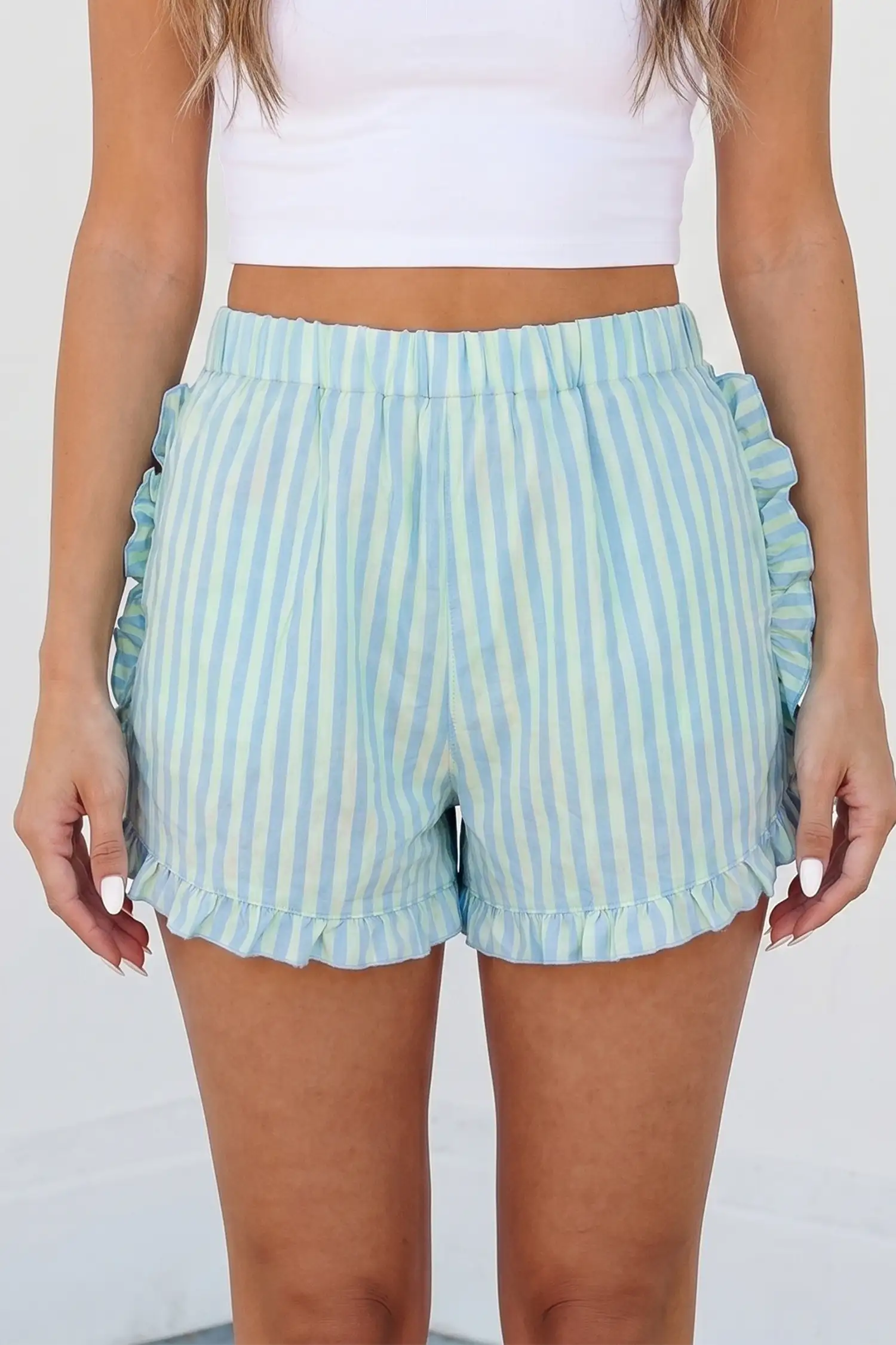 Sky Blue Stripe Elastic-Waist Shorts with Ruffle Trim