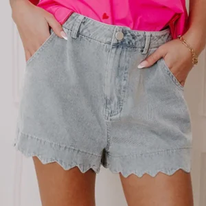 Dusk Blue Scalloped Hem High-Waist Denim Shorts