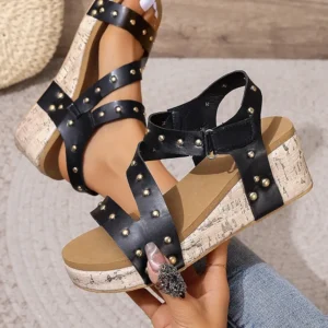 Trendy Hollow Out Black Rivet Wedge Sandals for Casual Summer Vacations