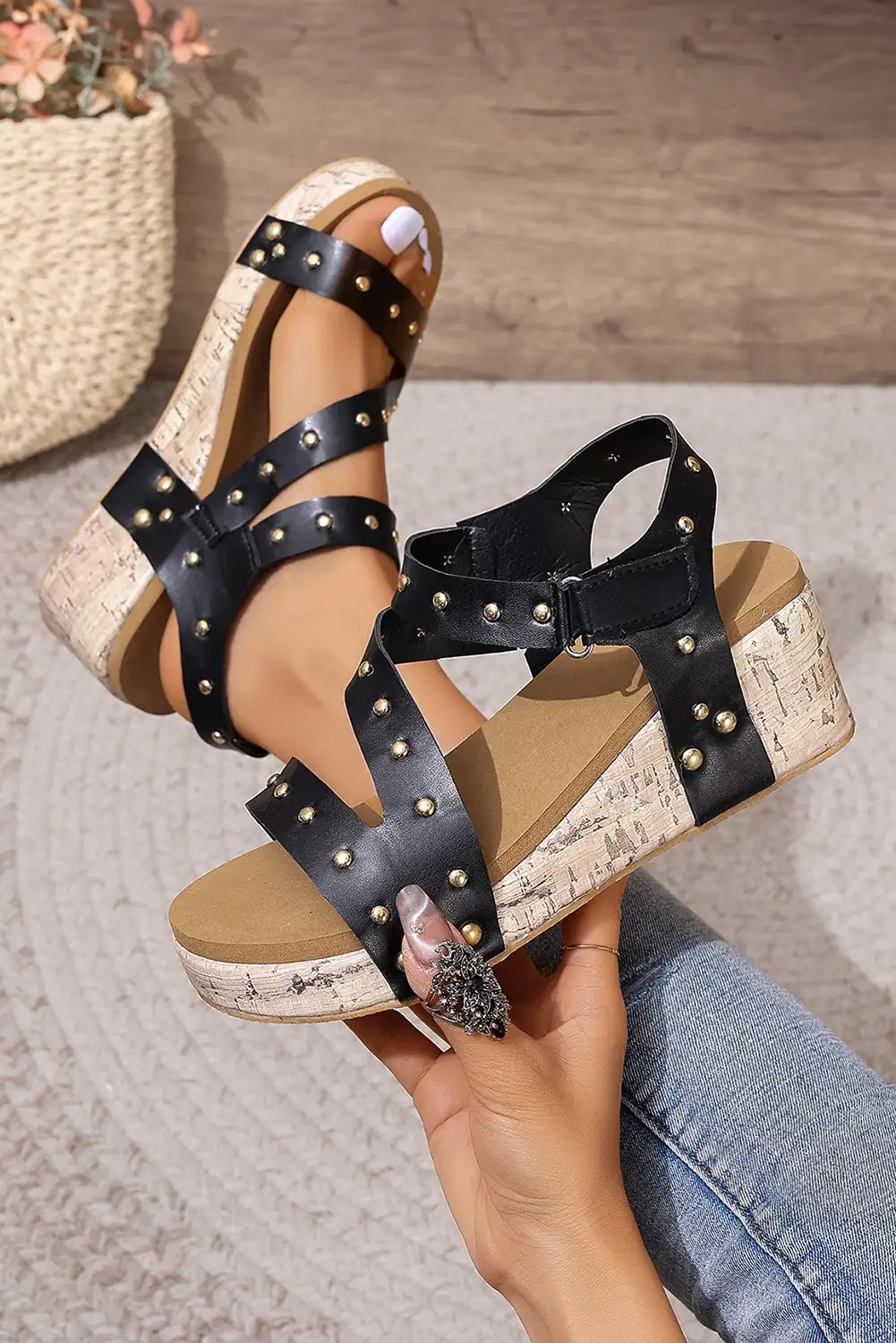 Stylish Black Rivet Hollow Out Wedge Sandals