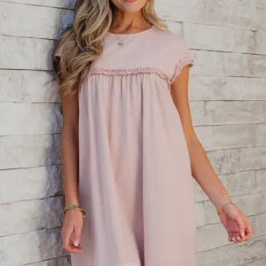 Oatmeal Frilled Trim Crew Neck Mini Dress Loose Fit