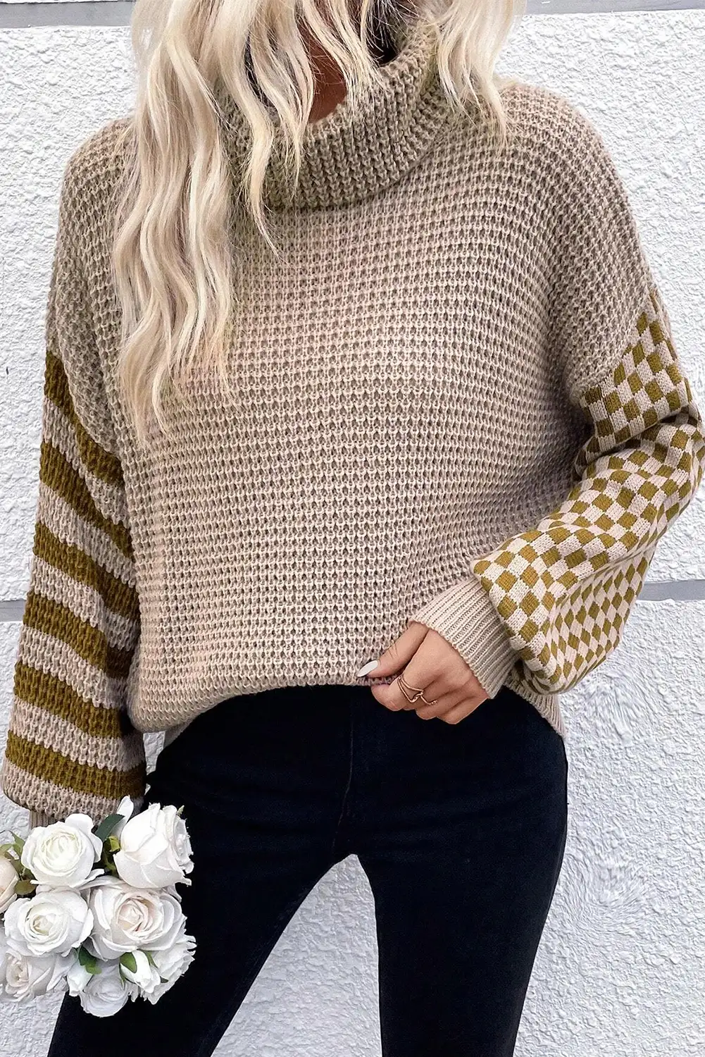 Smoke Gray Plaid Waffle Knit Turtleneck Sweater