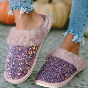 Purple Sequin Furry Indoor Winter Slippers