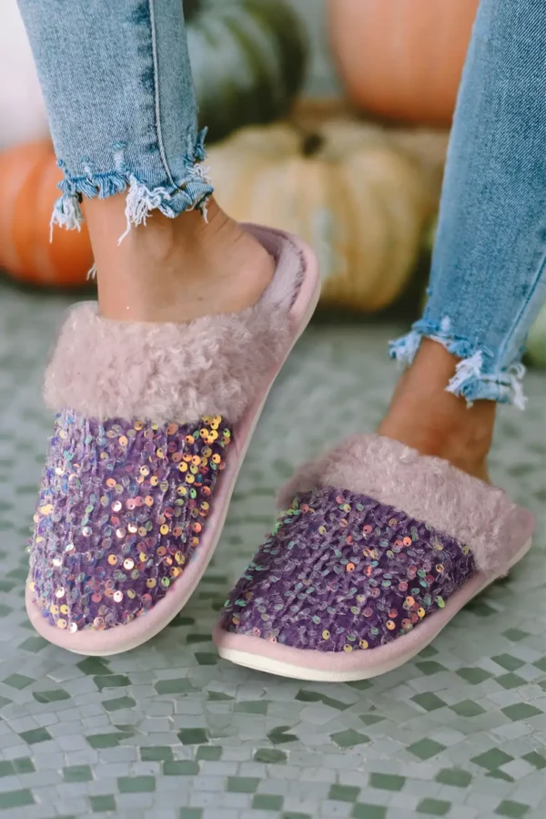 Purple Sequin Furry Indoor Winter Slippers