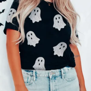 Sparkling Black Glitter Ghost Halloween T-Shirt for Casual Summer Style Lovers