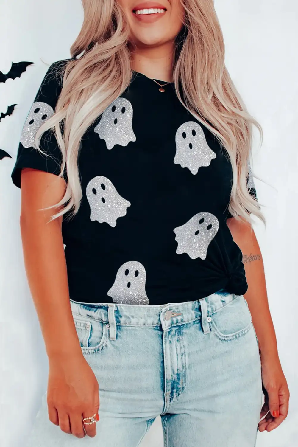 Sparkling Black Glitter Ghost Halloween T-Shirt