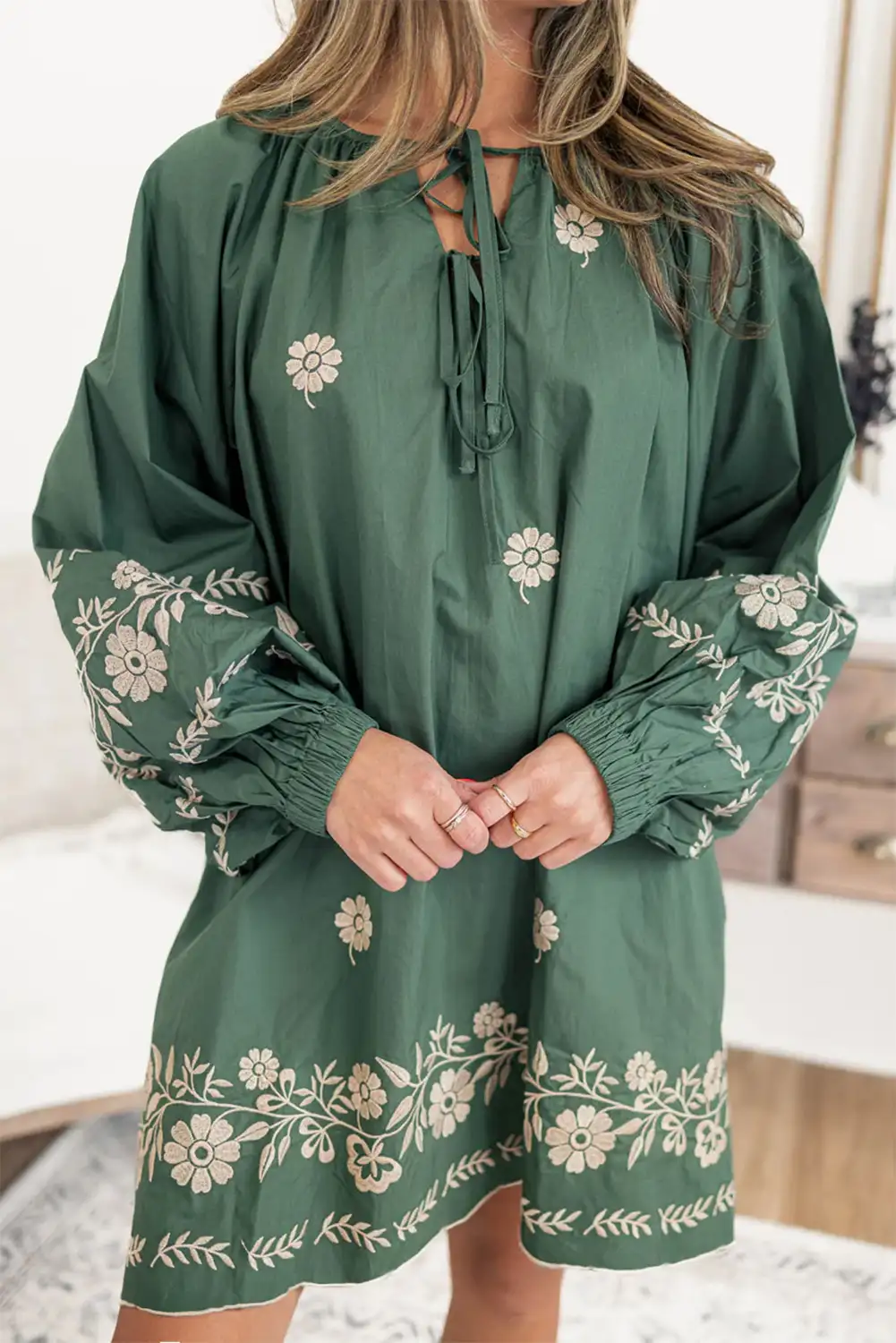 mist green dress — Mist Green Tie-Neck Boho Floral Shift Dress