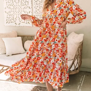 Boho Chic Orange Floral Ruffled Long Sleeve Dress Perfect for Casual and Formal Occasions