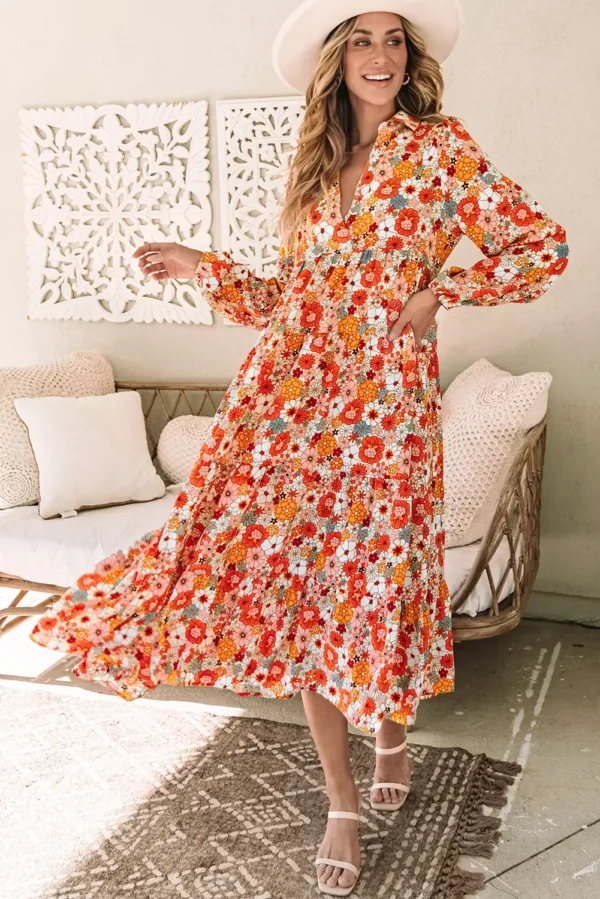 Boho Floral Ruffled Dress - Orange