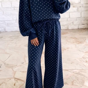 Blue Polka Dot Drawstring Wide-Leg Two-Piece Set