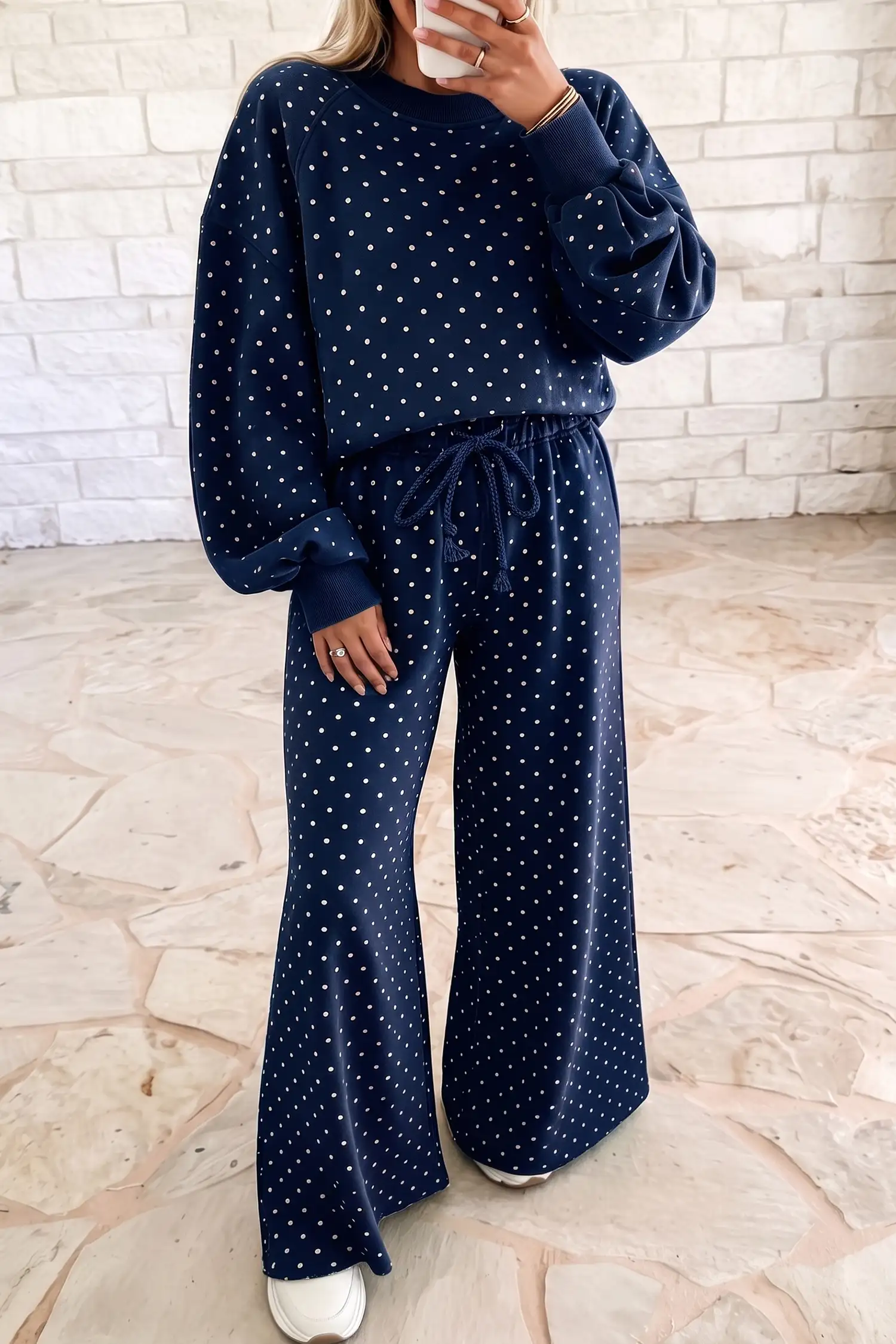 Blue Polka Dot Drawstring Wide-Leg Two-Piece Set