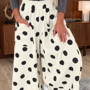 Beige Polka Dot Wide-Leg Pants with Elastic Waist
