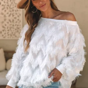 Fringed Boat Neck Sweater in White