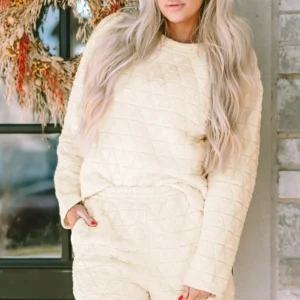 Beige Textured Long Sleeve Two Piece Set