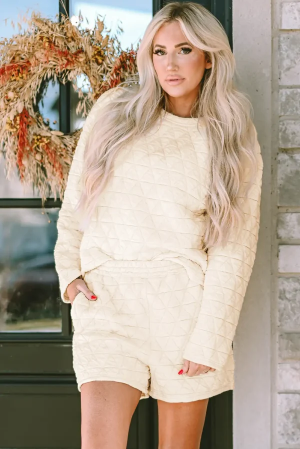 Beige Textured Long Sleeve Two Piece Set