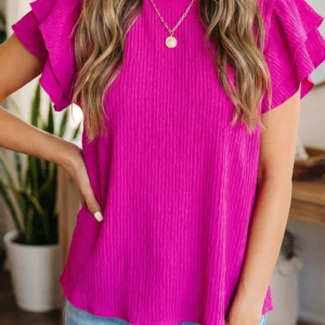 Rose Red Textured Ruffle-Trim Short Sleeve Blouse