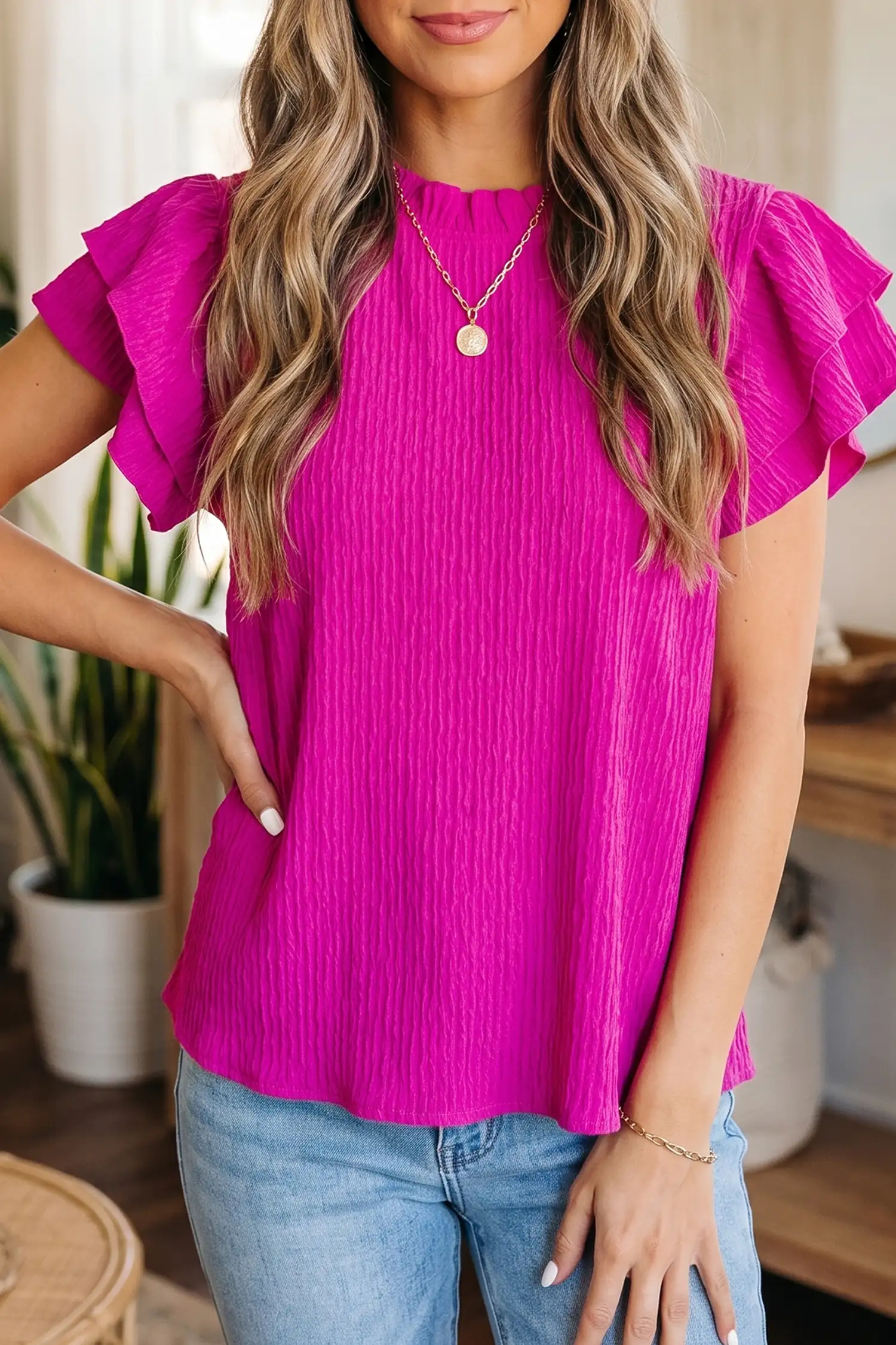 Rose Red Textured Ruffle-Trim Short Sleeve Blouse
