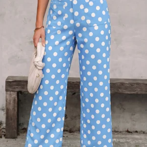 Sky Blue Polka Dot Patch Pocket Pants - Mid-Rise Straight Leg