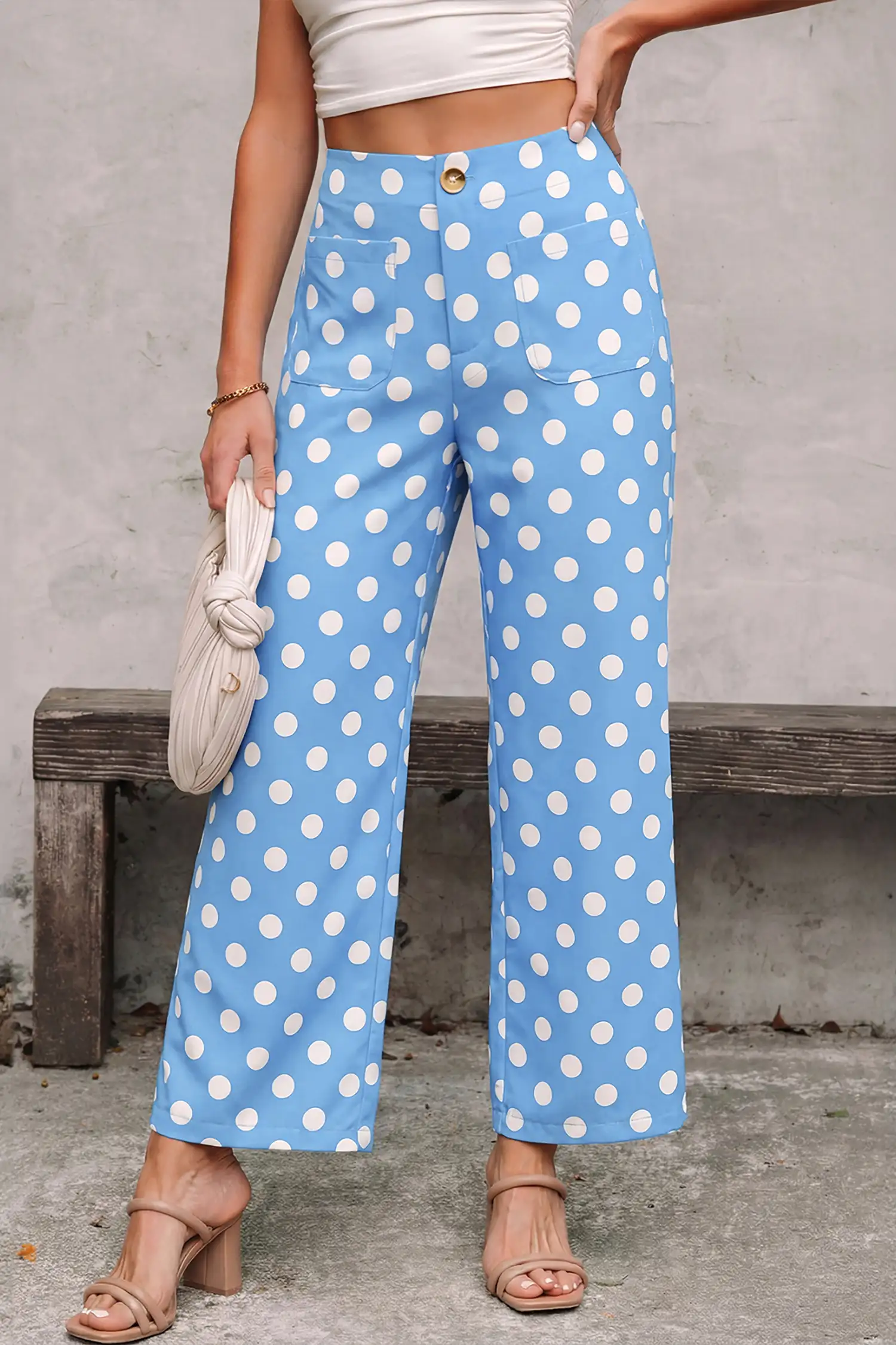 Sky Blue Polka Dot Patch Pocket Pants - Mid-Rise Straight Leg