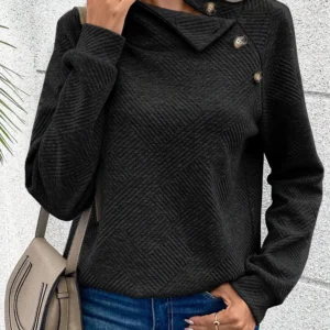 Black Asymmetric Buttons Detail High Neck Textured Sweatshirt